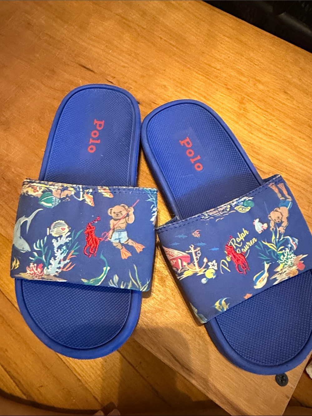 Polo by Ralph Lauren Kids Navy Blue Slide Sandals with Sea Print